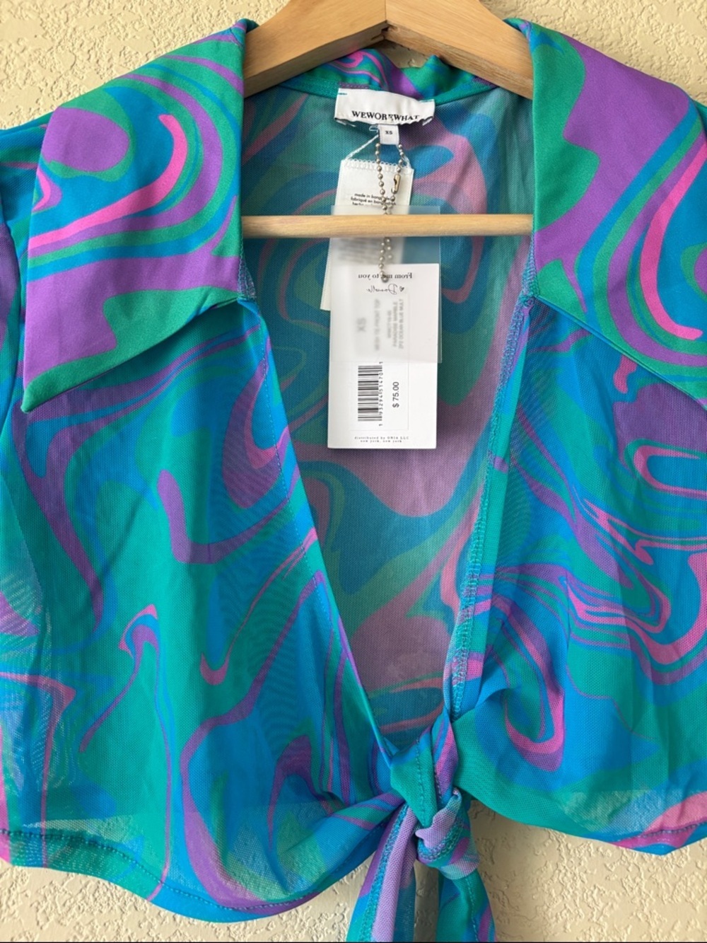 WeWoreWhat Mesh Paradise Marble Tie-Front Top With a Sheer Fabric - Picture 2 of 4